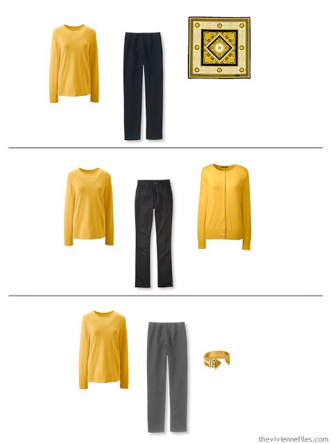 3 outfits in with the 5-piece French capsule wardrobe with yellow