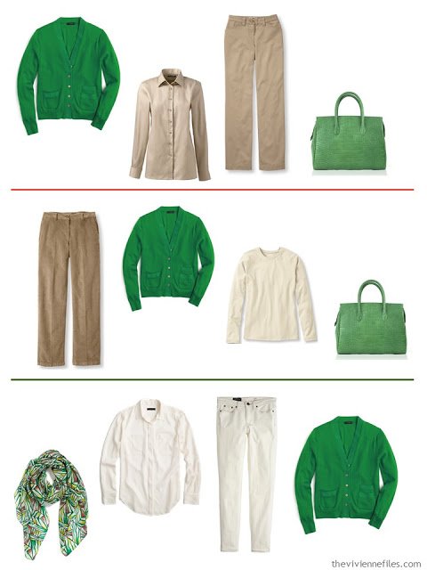 3 outfits with a bright green cardigan