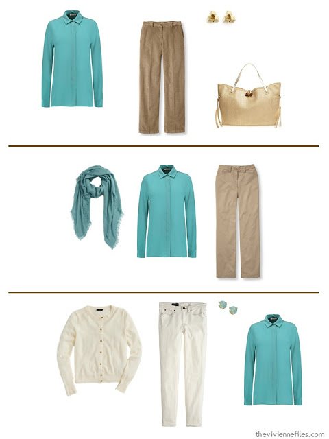 Three capsule wardrobe outfits including a jade blouse