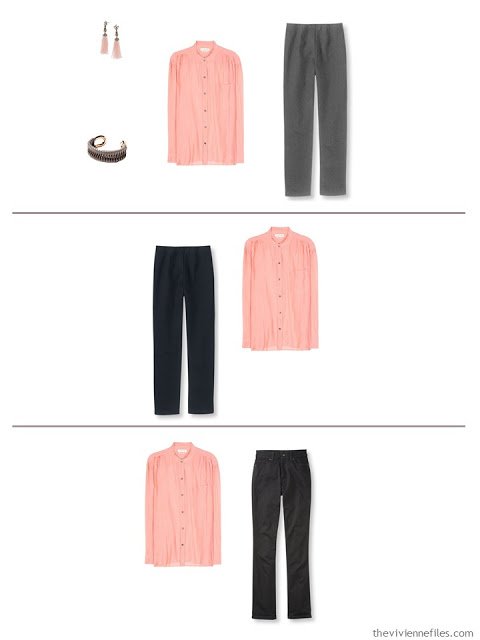 3 outfits in with the 5-piece French capsule wardrobe with rose