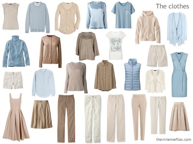 capsule wardrobe in beige, ivory and soft blue
