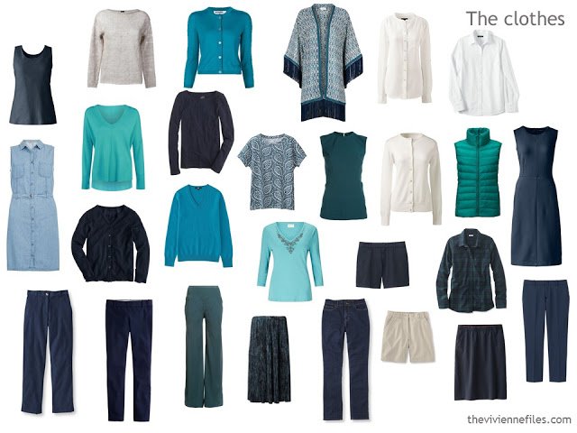 capsule wardrobe in navy, teal and white