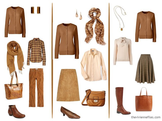 three capsule wardrobe outfits with a cinnamon cardigan