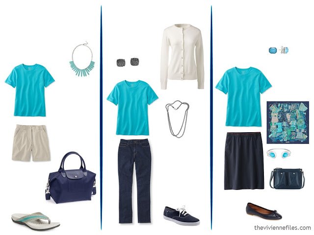Three capsule wardrobe outfits including a turquoise tee shirt