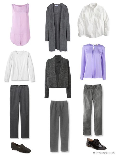 A travel capsule wardrobe in grey, white, pink, and purple