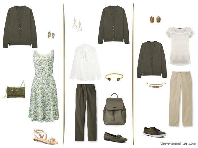 three new capsule wardrobe outfits including an olive cardigan