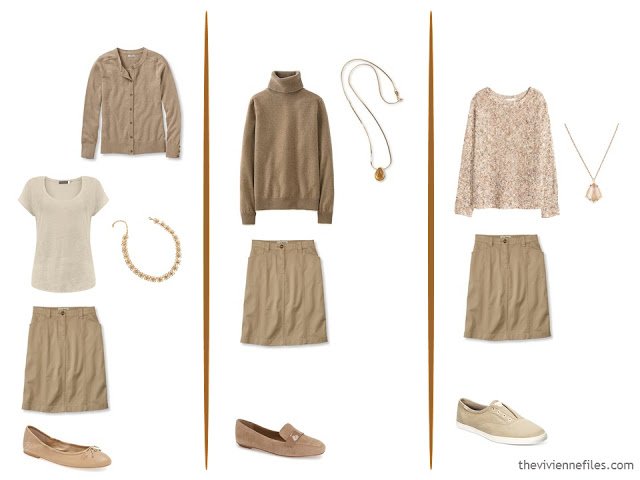 three capsule wardrobe outfits with a khaki skirt