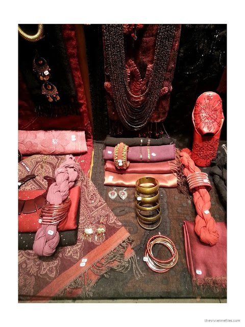 Pink and brown accessories - scarves, jewelry and shoes - in the Diwali shop windows in Paris