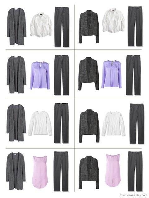 A travel capsule wardrobe in grey, white, pink, and purple