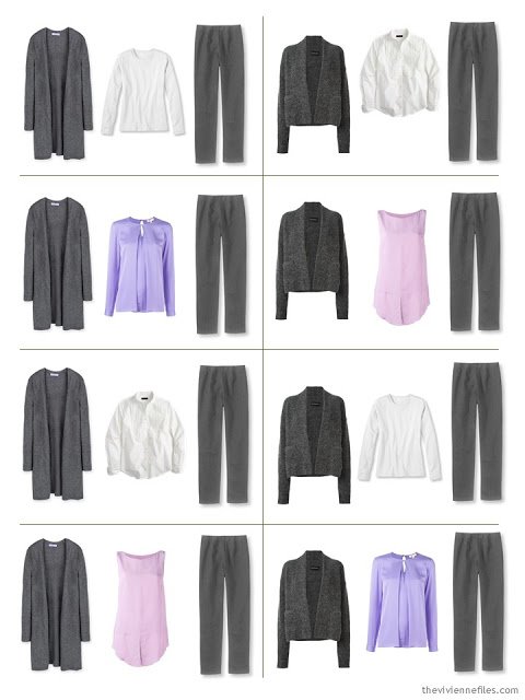 A travel capsule wardrobe in grey, white, pink, and purple