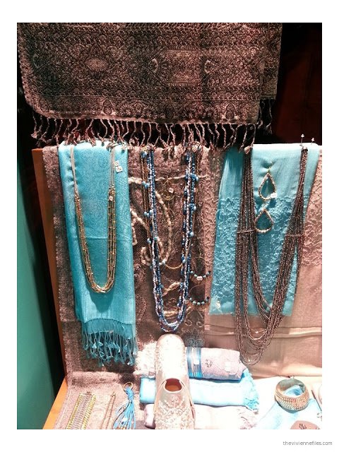 Turquoise and brown accessories - scarves, jewelry and shoes - in the Diwali shop windows in Paris