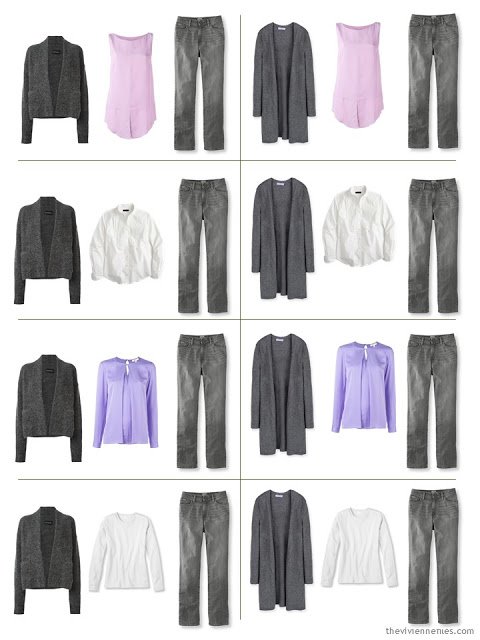 A travel capsule wardrobe in grey, white, pink, and purple