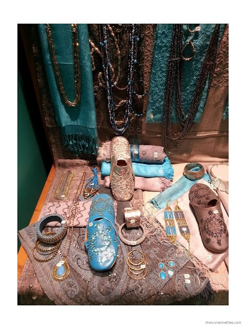 Turquoise and brown accessories - scarves, jewelry and shoes - in the Diwali shop windows in Paris