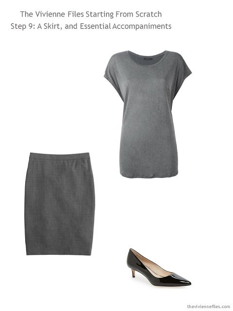 grey blouse and skirt, with black pumps, to add to a capsule wardrobe