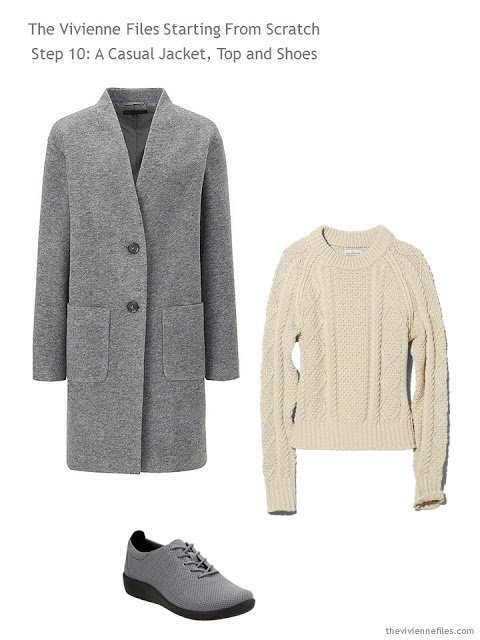 grey coat, natural fisherman's sweater, and grey athletic shoes, to add to a capsule wardrobe