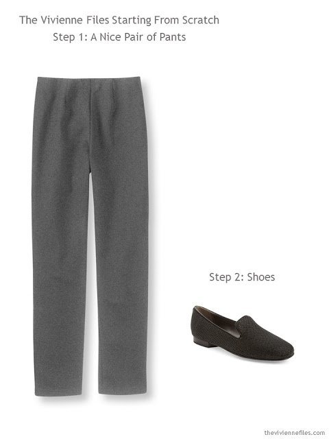 Grey pants and shoes for a capsule wardrobe