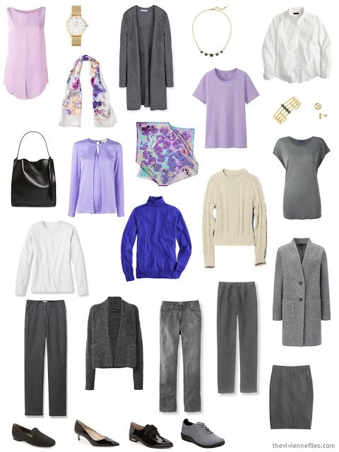 15-piece capsule wardrobe in grey with shades of purple