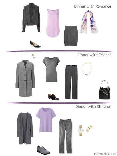 three outfits for dinner, in grey and shades of purple