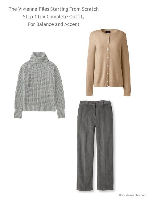 grey sweater, camel cardigan, and grey corduroy pants to add to a grey-based capsule wardrobe