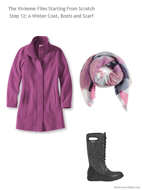 a bright orchid wool coat, with coordinating scarf and warm wool boots, to add to a capsule wardrobe