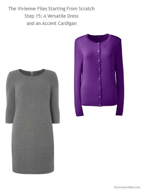 a classic grey dress and accent orchid cardigan to add to a capsule wardrobe