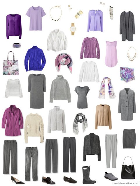 25-piece capsule wardrobe in grey, shades of pink and purple, with accents of ivory and camel