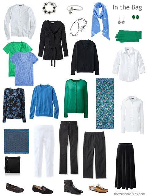 A travel capsule wardrobe in black, blue, and green, inspired by art: Femme au Col Blanc