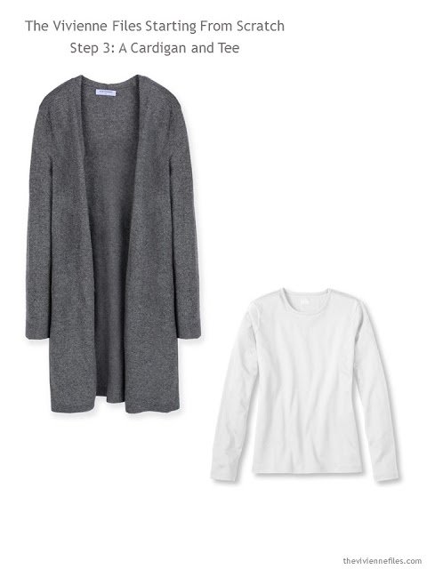 A grey cardigan and white tee shirt for a capsule wardrobe