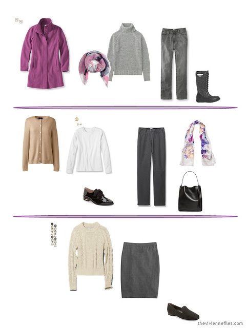 three winter oufits taken from a capsule wardrobe based in grey