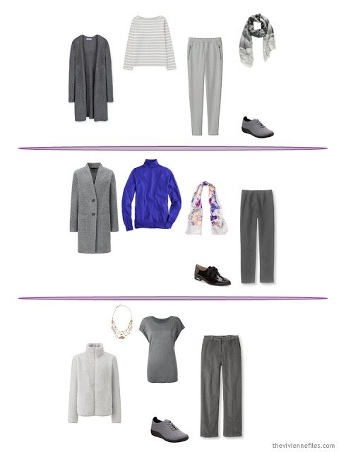 three winter oufits taken from a capsule wardrobe based in grey