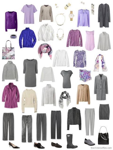 A 28-piece capsule wardrobe in shades of grey, beige, and purple