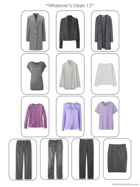 A 28-piece capsule wardrobe in shades of grey, beige, and purple