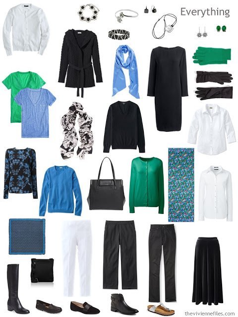 A travel capsule wardrobe in black, blue, and green, inspired by art: Femme au Col Blanc