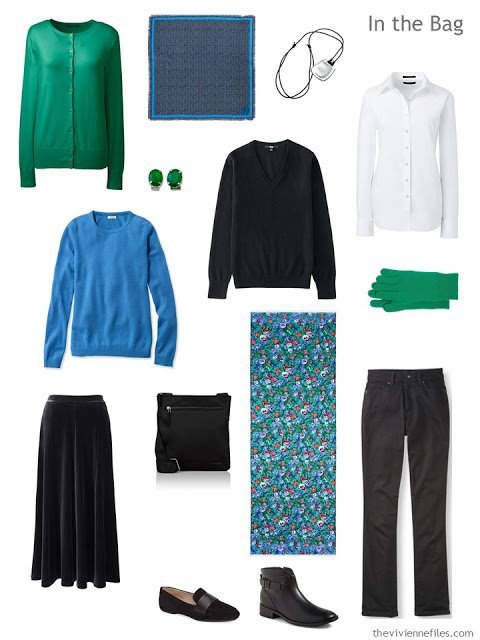 a travel capsule "six-pack" wardrobe in black, white, blue and green