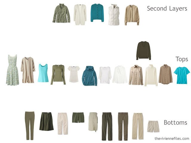 capsule wardrobe in olive and beige evaluated on type of garment