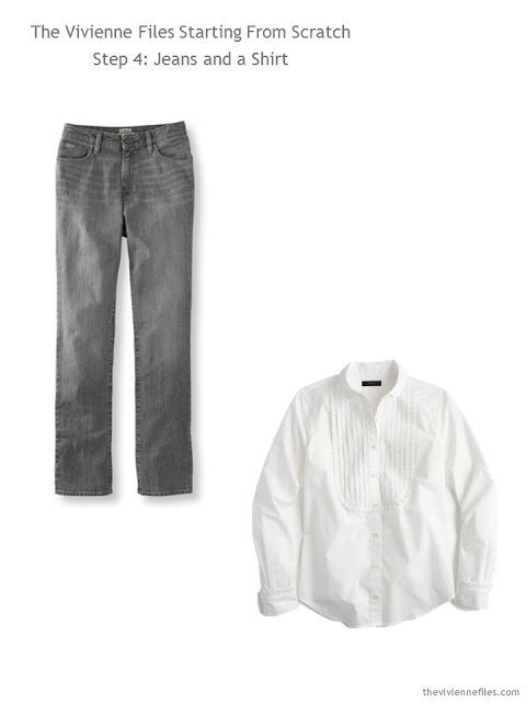 Grey jeans and a white shirt for a capsule wardrobe