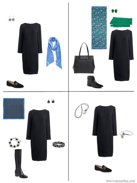 A travel capsule wardrobe in black, blue, and green, inspired by art: Femme au Col Blanc