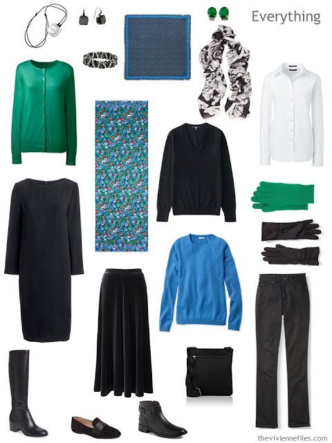 a travel capsule wardrobe in black, white, green and blue