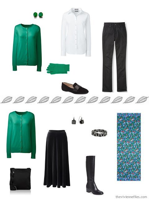 2 outfits from a capsule wardrobe, including a green cardigan sweater