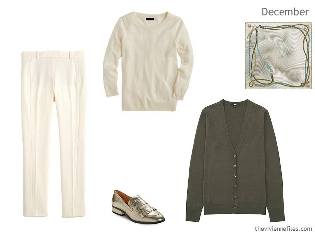 capsule wardrobe additions of ivory pants and sweater, olive cardigan and gold loafers