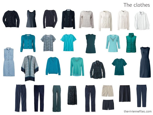 capsule wardrobe in navy, teal, and turquoise