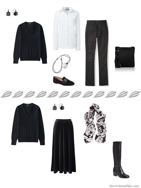 2 outfits from a capsule wardrobe, including a black v-neck sweater