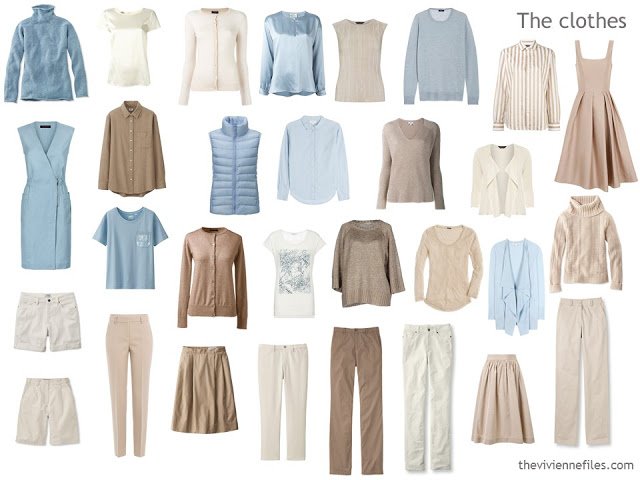 a capsule wardrobe in beige, ivory and soft blue