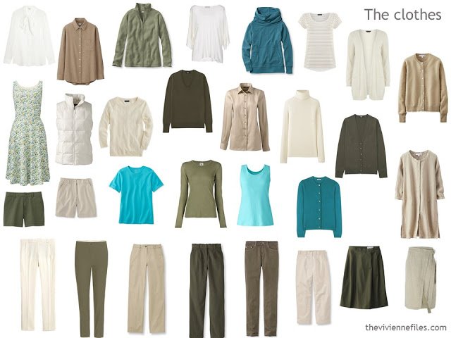 30 piece capsule wardrobe in olive, ivory, beige and turquoise