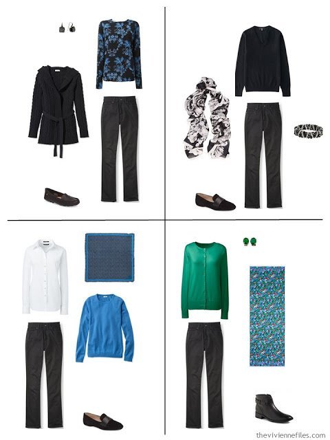 A travel capsule wardrobe in black, blue, and green, inspired by art: Femme au Col Blanc