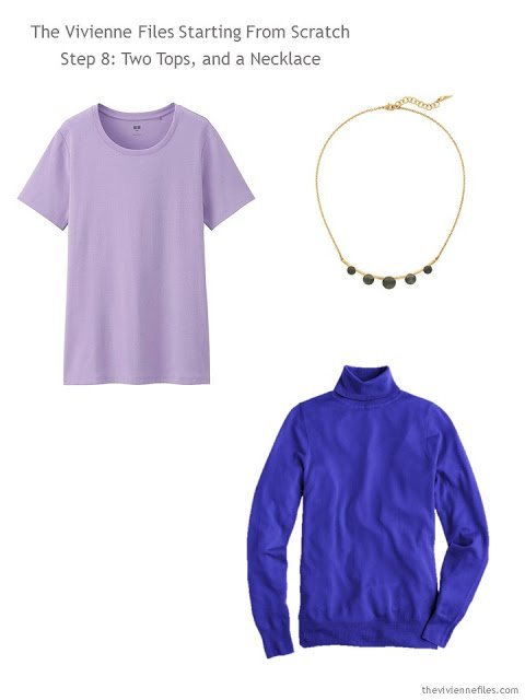 lavender tee and deep purple sweater, with necklace, to add to a capsule wardrobe