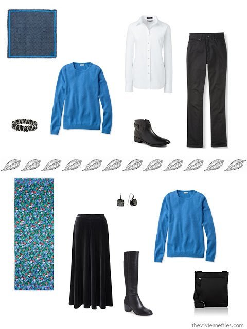 2 outfits from a capsule wardrobe, including a blue sweater