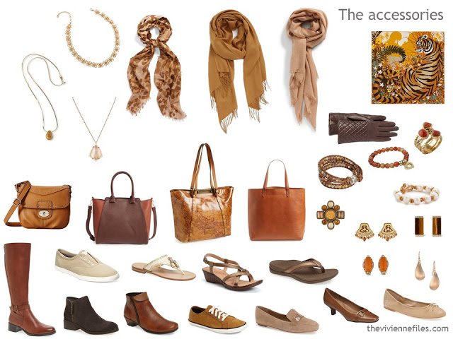 accessory wardrobe in brown, beige and orange