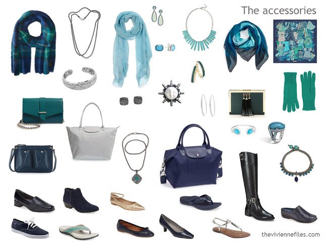 Accessory capsule wardrobe in navy, silver and turquoise