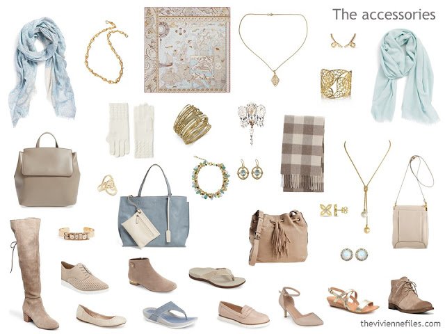 an accessory capsule wardrobe in beige and soft blue